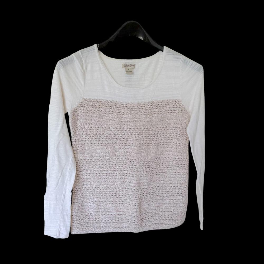 Lucky Brand Med White Beige Crochet Knit Mixed Media Long Sleeve‎ Top
